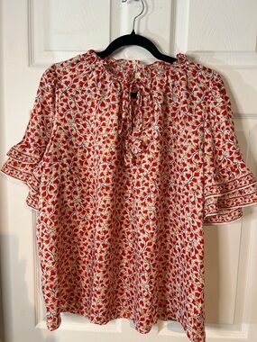 Max Studio Red Floral Tie-Neck Flutter Sleeve Blouse